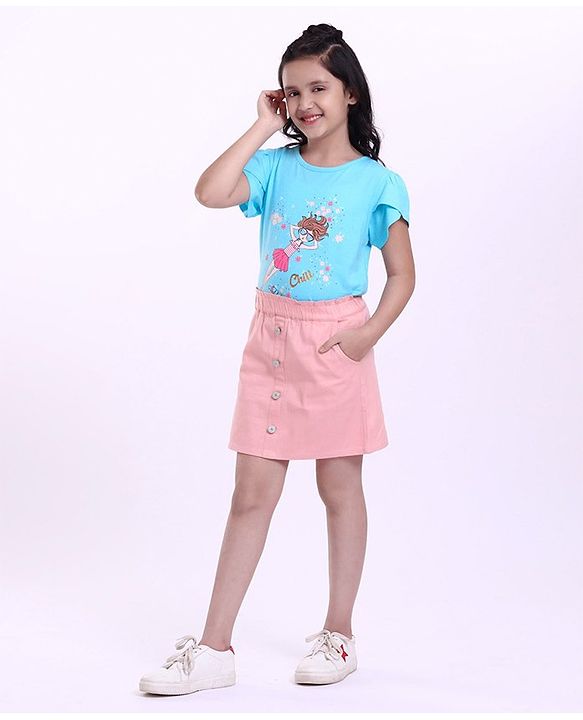 Pine Kids Half Sleeves Top & Skirt Cartoon Graphic - Pink & Blue