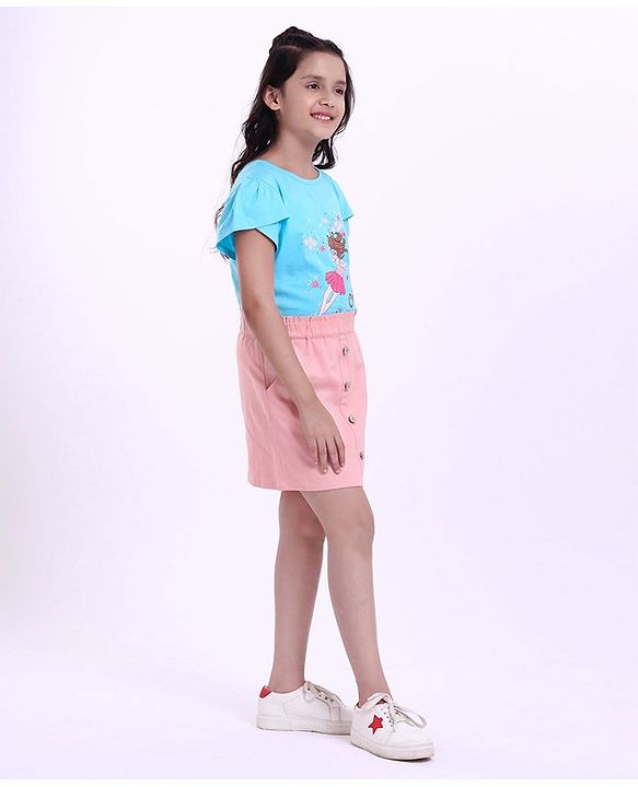 Pine Kids Half Sleeves Top & Skirt Cartoon Graphic - Pink & Blue
