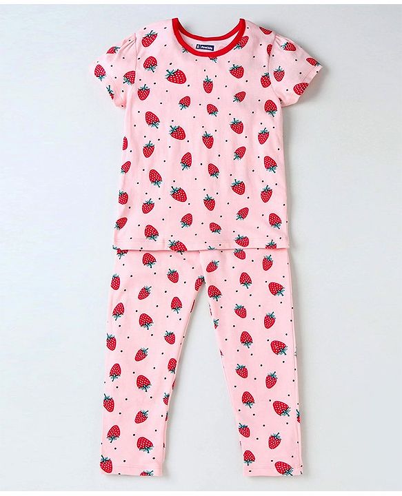Pine Kids Biowashed Half Sleeves Top & Pyjama Pants Set Strawberry Print - Pink