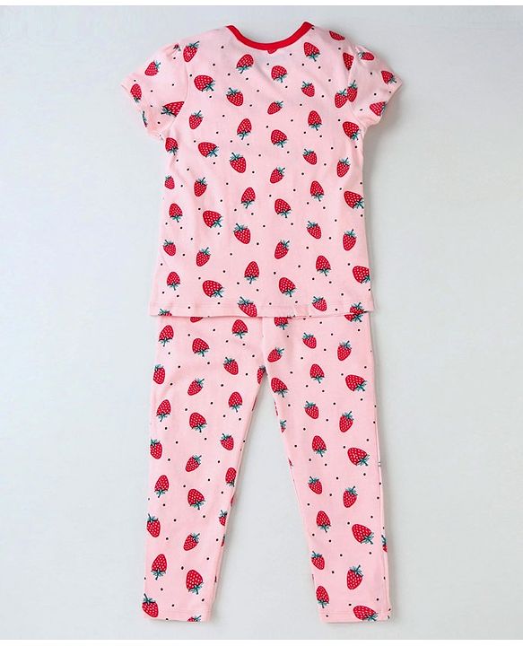 Pine Kids Biowashed Half Sleeves Top & Pyjama Pants Set Strawberry Print - Pink