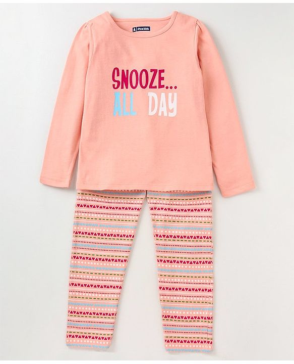 Pine Kids Biowashed Full Sleeves Top & Pyjama Pants Set Heart Print - Multicolour
