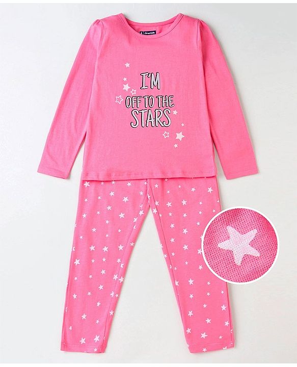 Pine Kids Biowashed Full Sleeves Top and Pyjama Pants Set Star Print - Pink