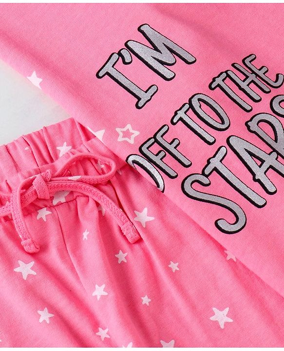 Pine Kids Biowashed Full Sleeves Top and Pyjama Pants Set Star Print - Pink