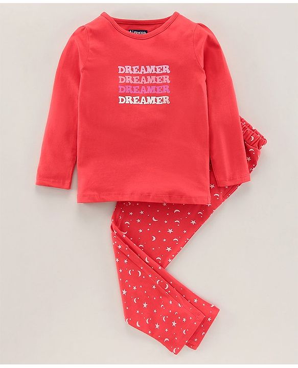 Pine Kids Biowashed Full Sleeves Top & Pyjama Pants Set Text Print - Multicolour