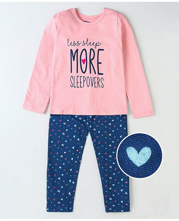 Pine Kids Biowashed Full Sleeves Top & Pyjama Pants Set Text Print - Pink Blue