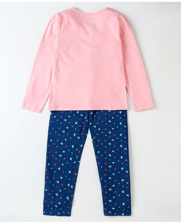 Pine Kids Biowashed Full Sleeves Top & Pyjama Pants Set Text Print - Pink Blue
