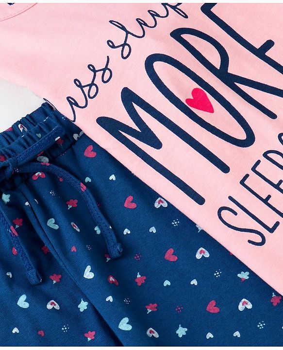 Pine Kids Biowashed Full Sleeves Top & Pyjama Pants Set Text Print - Pink Blue