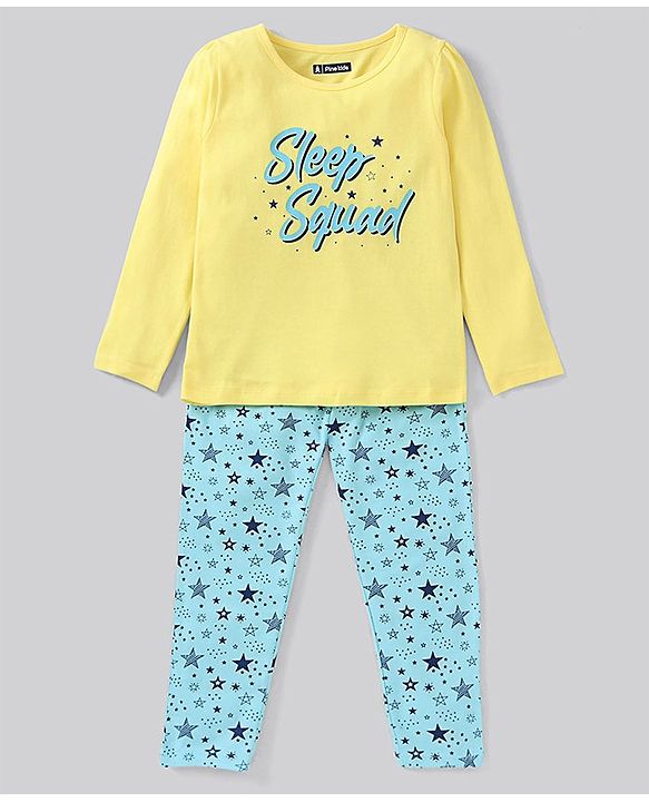 Pine Kids Biowashed Full Sleeves Top and Pyjama Pants Set Star Print - Blue Yellow