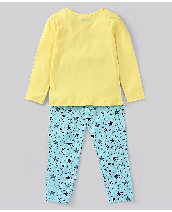 Pine Kids Biowashed Full Sleeves Top and Pyjama Pants Set Star Print - Blue Yellow