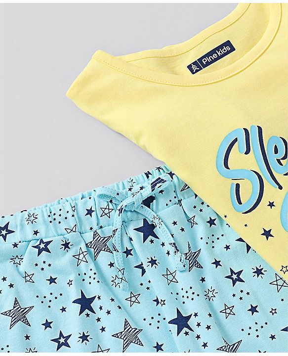 Pine Kids Biowashed Full Sleeves Top and Pyjama Pants Set Star Print - Blue Yellow