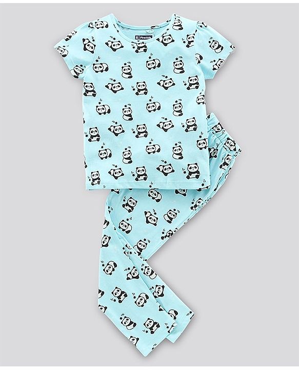 Pine Kids Biowashed Half Sleeves Top & Pyjama Pants Set Panda Print- Blue