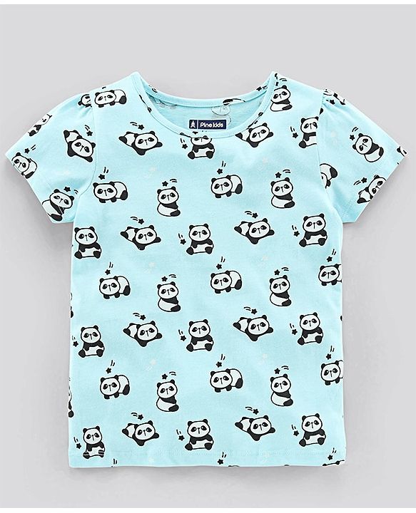 Pine Kids Biowashed Half Sleeves Top & Pyjama Pants Set Panda Print- Blue