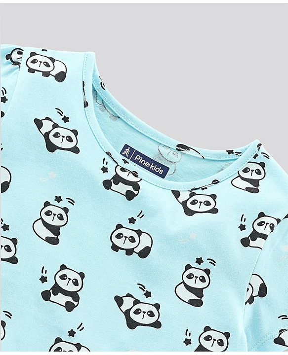 Pine Kids Biowashed Half Sleeves Top & Pyjama Pants Set Panda Print- Blue