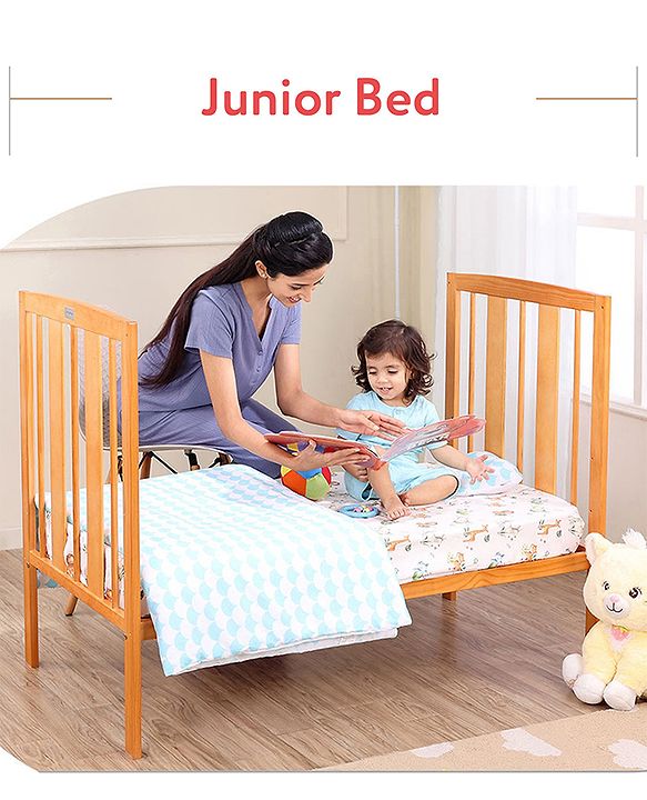 Babyhug Malmo Wooden Cot with 3 Level Height Adjustment & Plug and Play Assembly - Natural| Solid Pinewood| Convert to Junior Bed| Smooth Edges