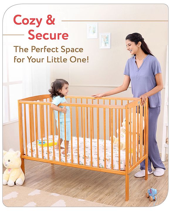 Babyhug Malmo Wooden Cot with 3 Level Height Adjustment & Plug and Play Assembly - Natural| Solid Pinewood| Convert to Junior Bed| Smooth Edges