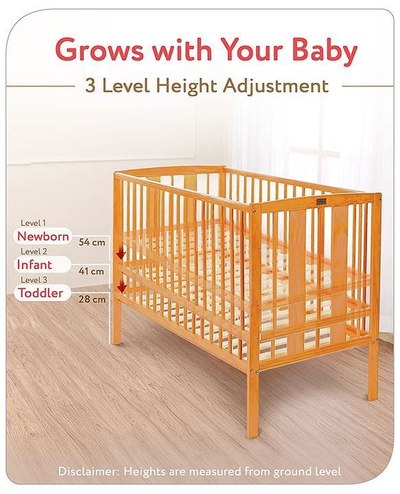 Babyhug Malmo Wooden Cot with 3 Level Height Adjustment & Plug and Play Assembly - Natural| Solid Pinewood| Convert to Junior Bed| Smooth Edges