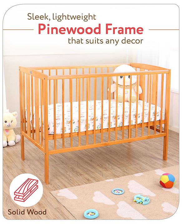Babyhug Malmo Wooden Cot with 3 Level Height Adjustment & Plug and Play Assembly - Natural| Solid Pinewood| Convert to Junior Bed| Smooth Edges