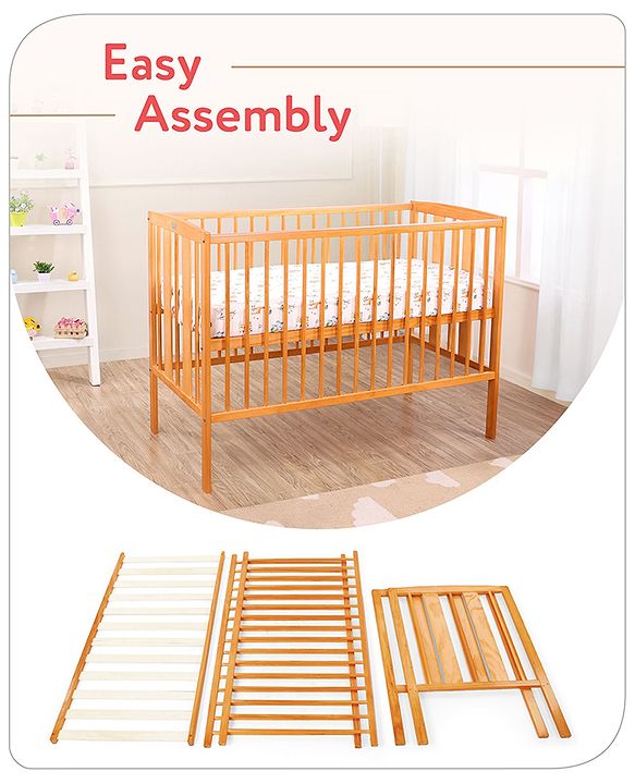 Babyhug Malmo Wooden Cot with 3 Level Height Adjustment & Plug and Play Assembly - Natural| Solid Pinewood| Convert to Junior Bed| Smooth Edges