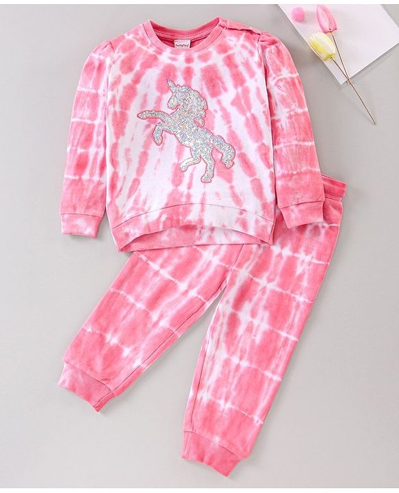 Babyhug Full Sleeves Tee & Lounge Pant Sequinned Unicorn Embroidery - Pink White