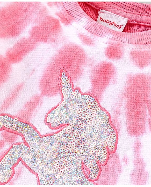 Babyhug Full Sleeves Tee & Lounge Pant Sequinned Unicorn Embroidery - Pink White