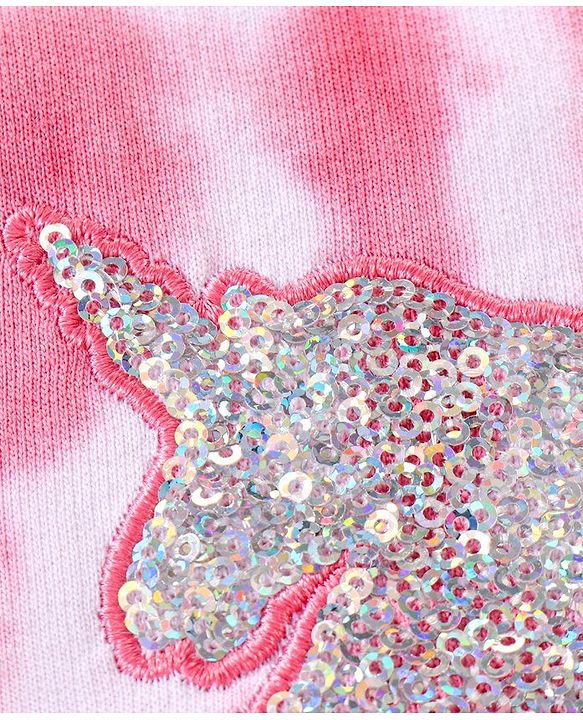 Babyhug Full Sleeves Tee & Lounge Pant Sequinned Unicorn Embroidery - Pink White