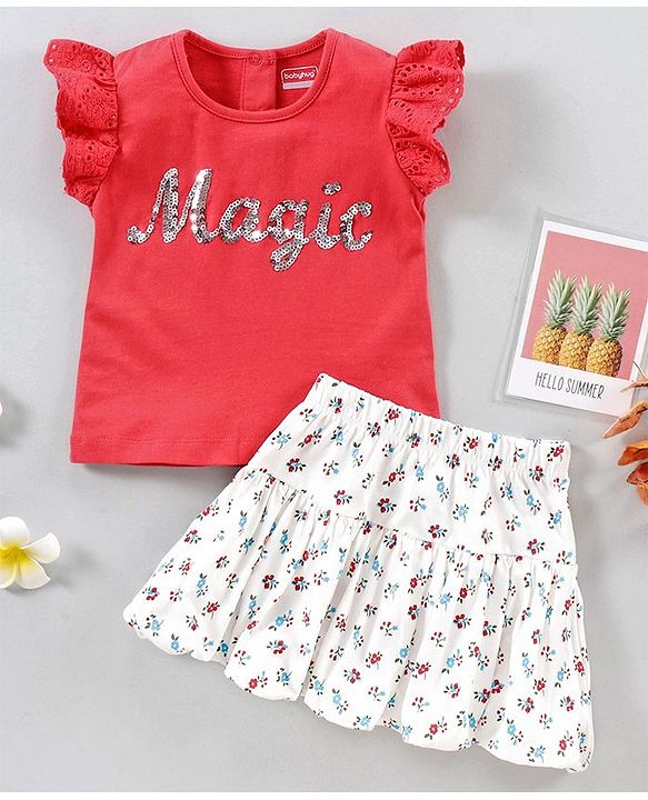 Babyhug Short Frill Sleeves Top and Skirt Set with Sequins Floral Print - Red White