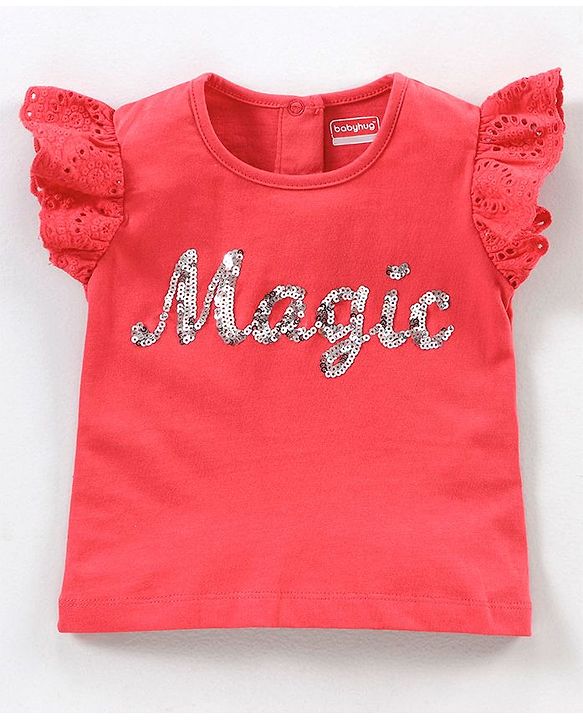 Babyhug Short Frill Sleeves Top and Skirt Set with Sequins Floral Print - Red White
