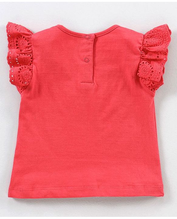 Babyhug Short Frill Sleeves Top and Skirt Set with Sequins Floral Print - Red White