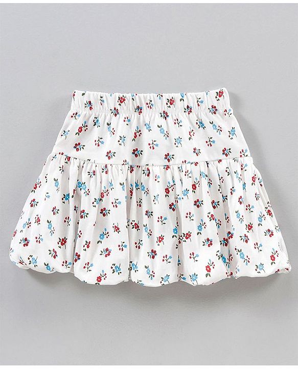 Babyhug Short Frill Sleeves Top and Skirt Set with Sequins Floral Print - Red White