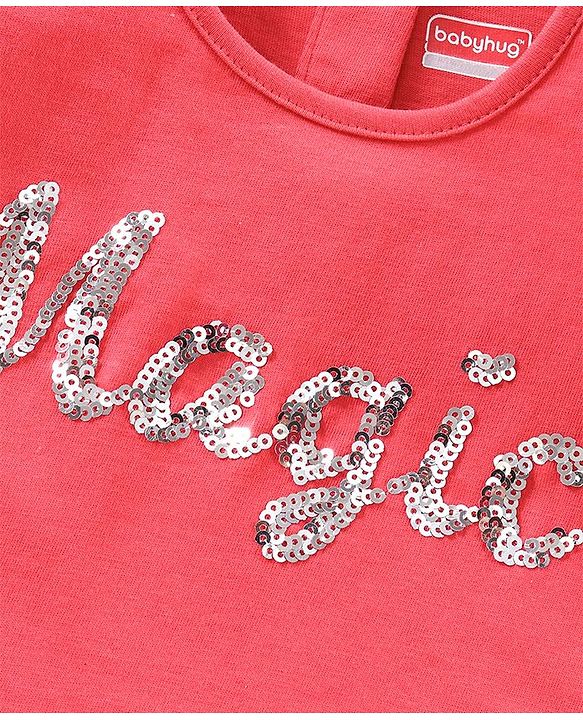Babyhug Short Frill Sleeves Top and Skirt Set with Sequins Floral Print - Red White