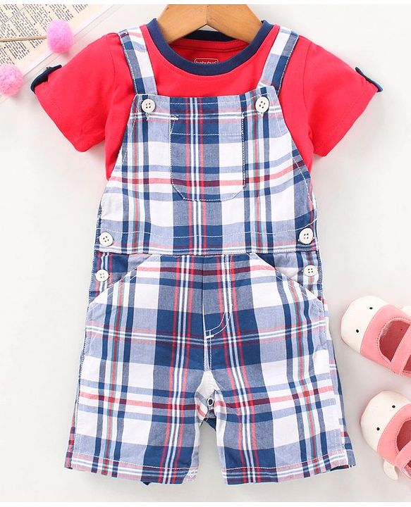 Babyhug Half Sleeves Tee and Dungaree Set Checks - Red