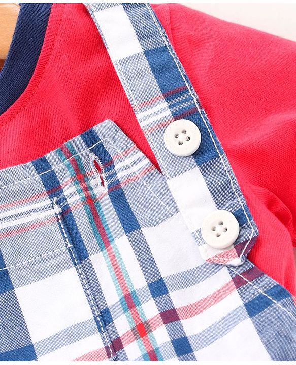 Babyhug Half Sleeves Tee and Dungaree Set Checks - Red