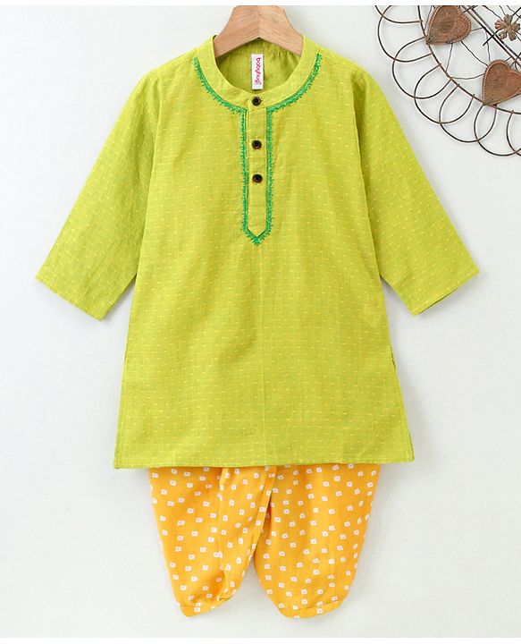Babyhug Full Sleeves Kurta & Printed Dhoti - Green Yellow