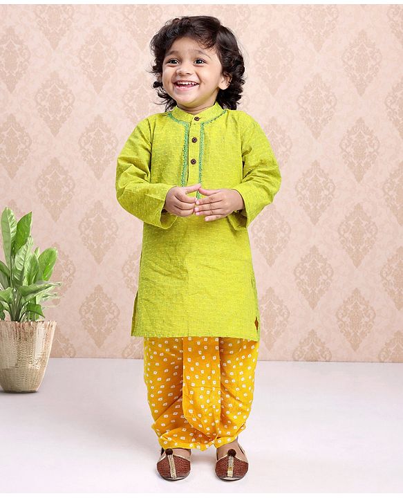 Babyhug Full Sleeves Kurta & Printed Dhoti - Green Yellow
