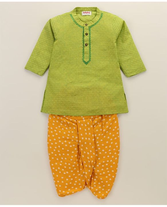 Babyhug Full Sleeves Kurta & Printed Dhoti - Green Yellow