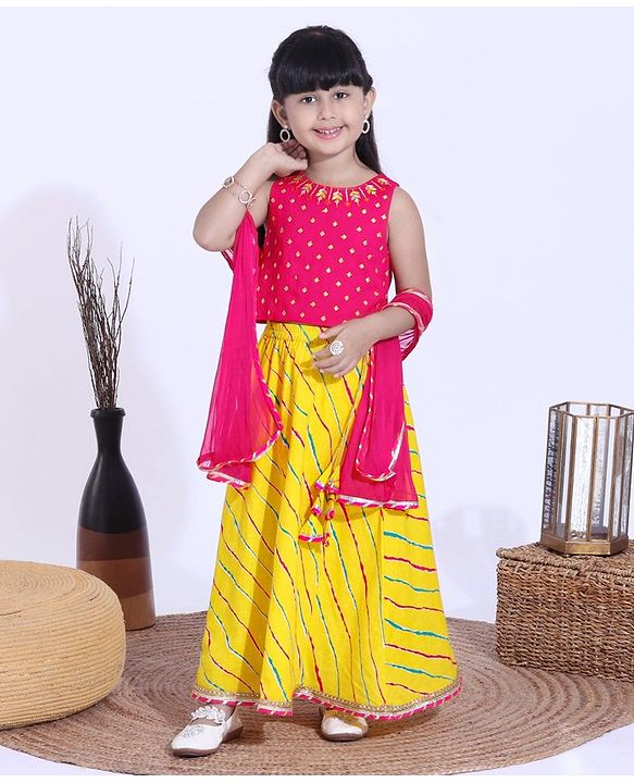 Babyhug Sleeveless Sequined Choli and Striped Lehenga with Lace Border Dupatta - Pink Yellow