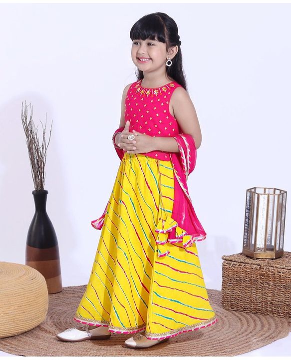 Babyhug Sleeveless Sequined Choli and Striped Lehenga with Lace Border Dupatta - Pink Yellow