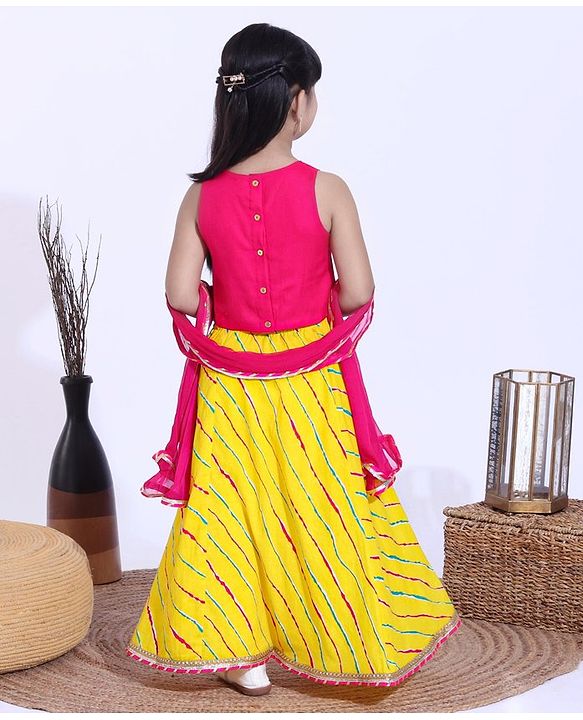 Babyhug Sleeveless Sequined Choli and Striped Lehenga with Lace Border Dupatta - Pink Yellow
