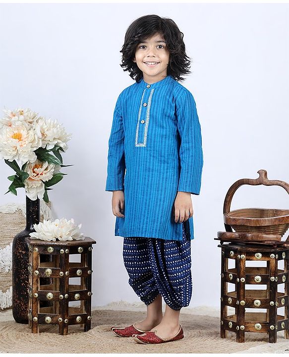 Babyhug Full Sleeve Kurta Dhoti Set Jaipuri Print - Blue