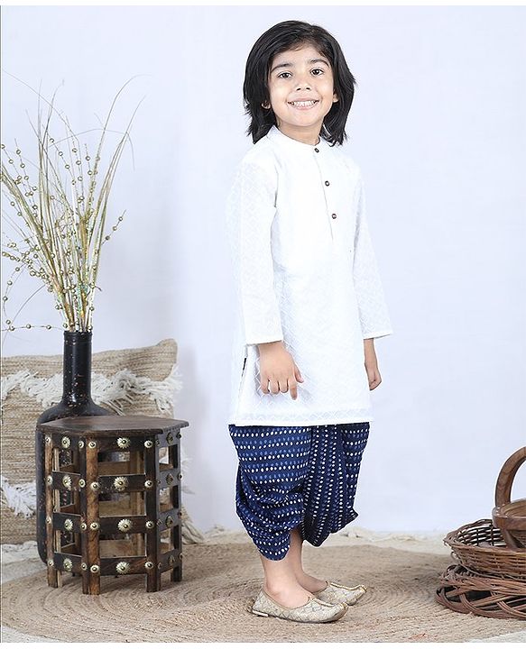Babyhug Full Sleeves Kurta & Dhoti Set Stripes - White Blue