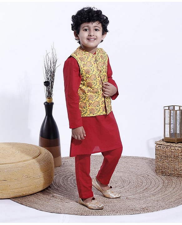 Babyhug Full Sleeves Kurta and Pyjama Set With Waistcoat - Maroon
