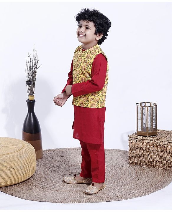 Babyhug Full Sleeves Kurta and Pyjama Set With Waistcoat - Maroon