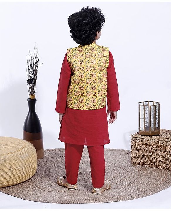 Babyhug Full Sleeves Kurta and Pyjama Set With Waistcoat - Maroon