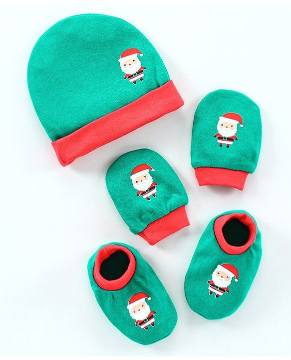 Babyhug 100% Cotton Cap Mitten & Booties Set Green - Diameter 9.5 cm
