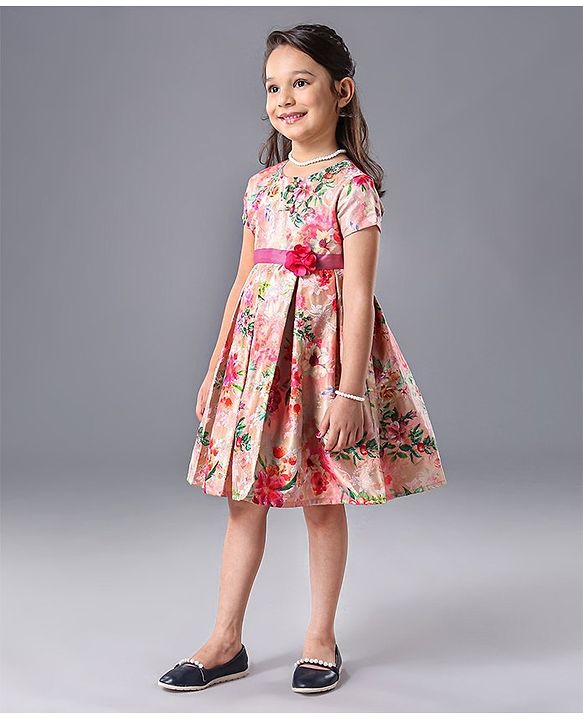 Babyhug Half Sleeves Party Wear Frock Floral Print - Pink