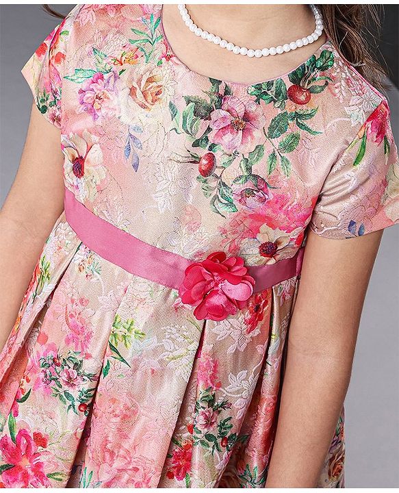 Babyhug Half Sleeves Party Wear Frock Floral Print - Pink
