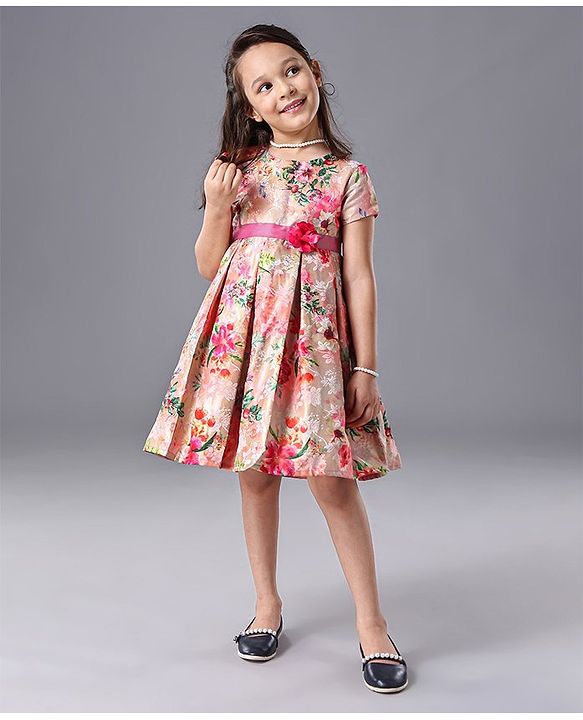 Babyhug Half Sleeves Party Wear Frock Floral Print - Pink