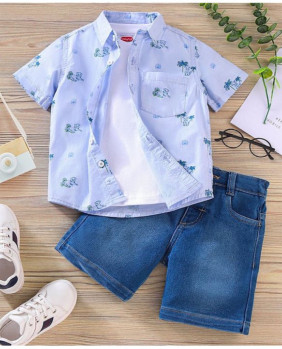 Babyhug Half Sleeves Shirt & Tee With Denim Shorts Cheetah Print - Sky & Dark Blue White