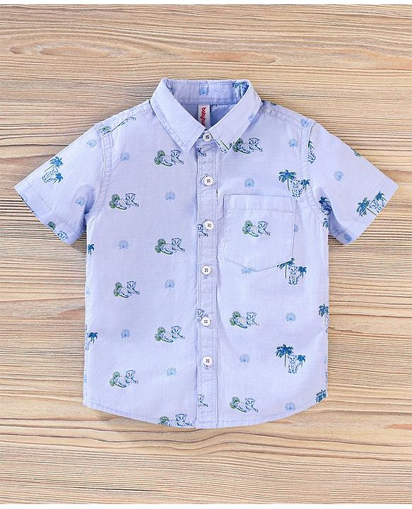 Babyhug Half Sleeves Shirt & Tee With Denim Shorts Cheetah Print - Sky & Dark Blue White