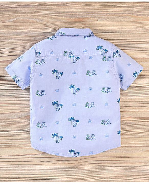 Babyhug Half Sleeves Shirt & Tee With Denim Shorts Cheetah Print - Sky & Dark Blue White